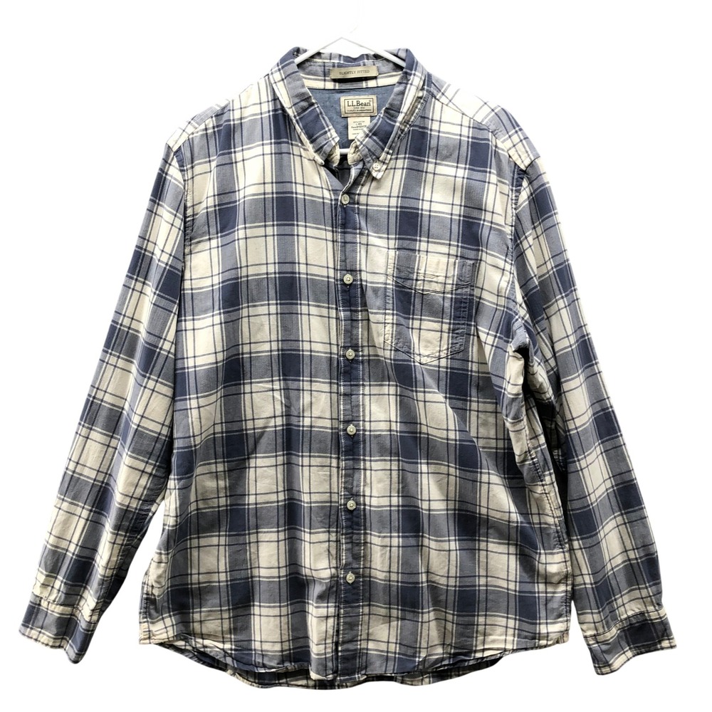L.L. Bean Lightweight Flannel Shirt Mens L Blue White‎ Plaid Slightly Fitted